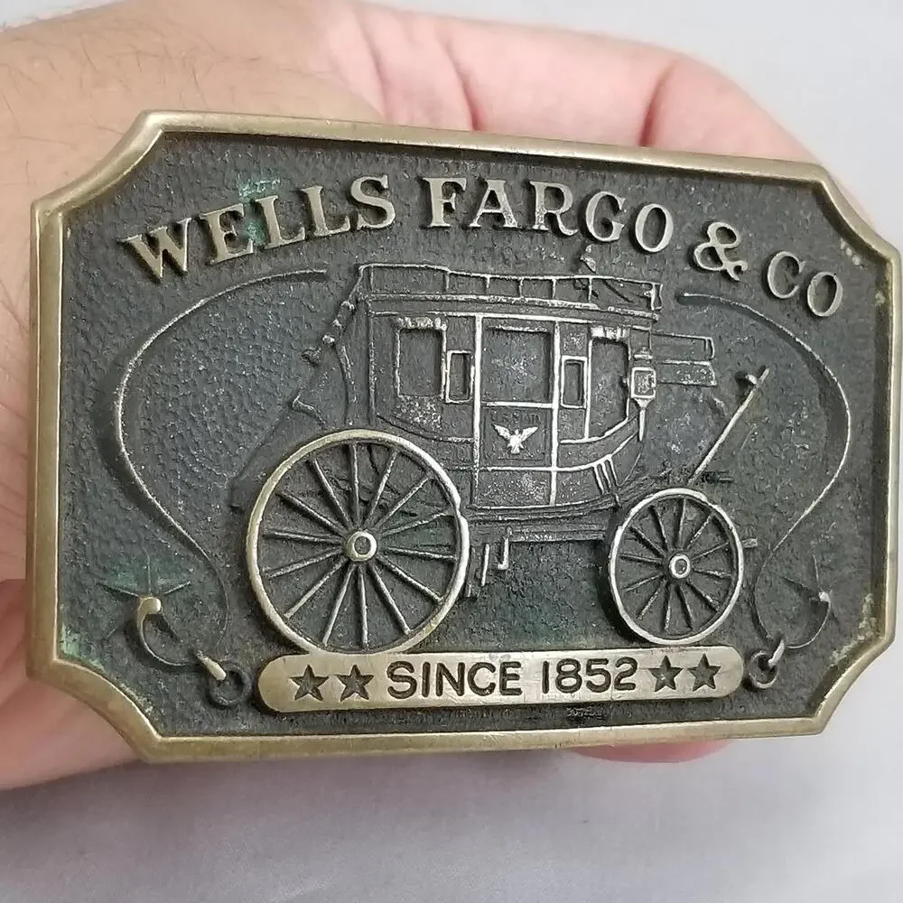 Vintage Belt Buckle 1970s Solid Brass Wells Fargo & Co Since 1852 Wagon USA Made